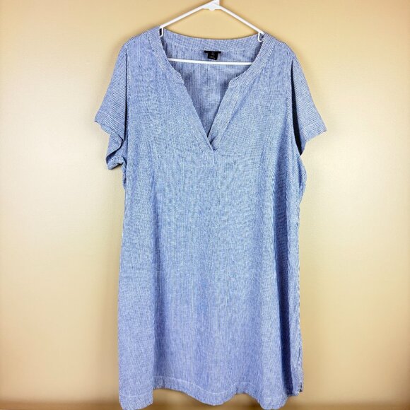 Tahari Linen Blend Relaxed V-Neck Striped Tunic Dress – Women’s 1X - Picture 2 of 10